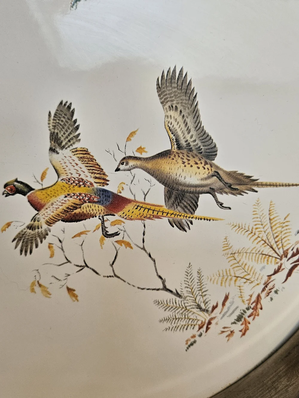 Vintage Revere Pewter & Porcelain Serving Tray ~ Pheasants ~ 13”